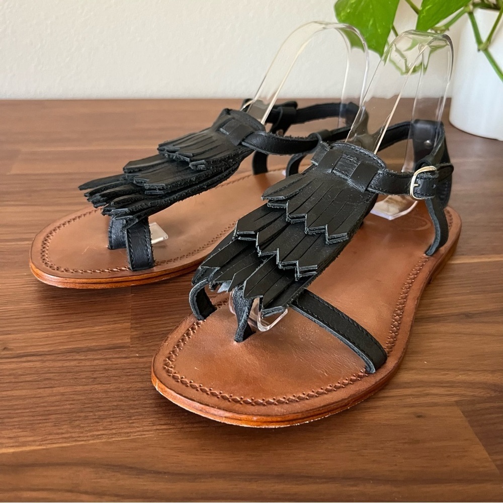 Pascale Theard Creations All Leather Summer Fringe Sandals, in black, size 9